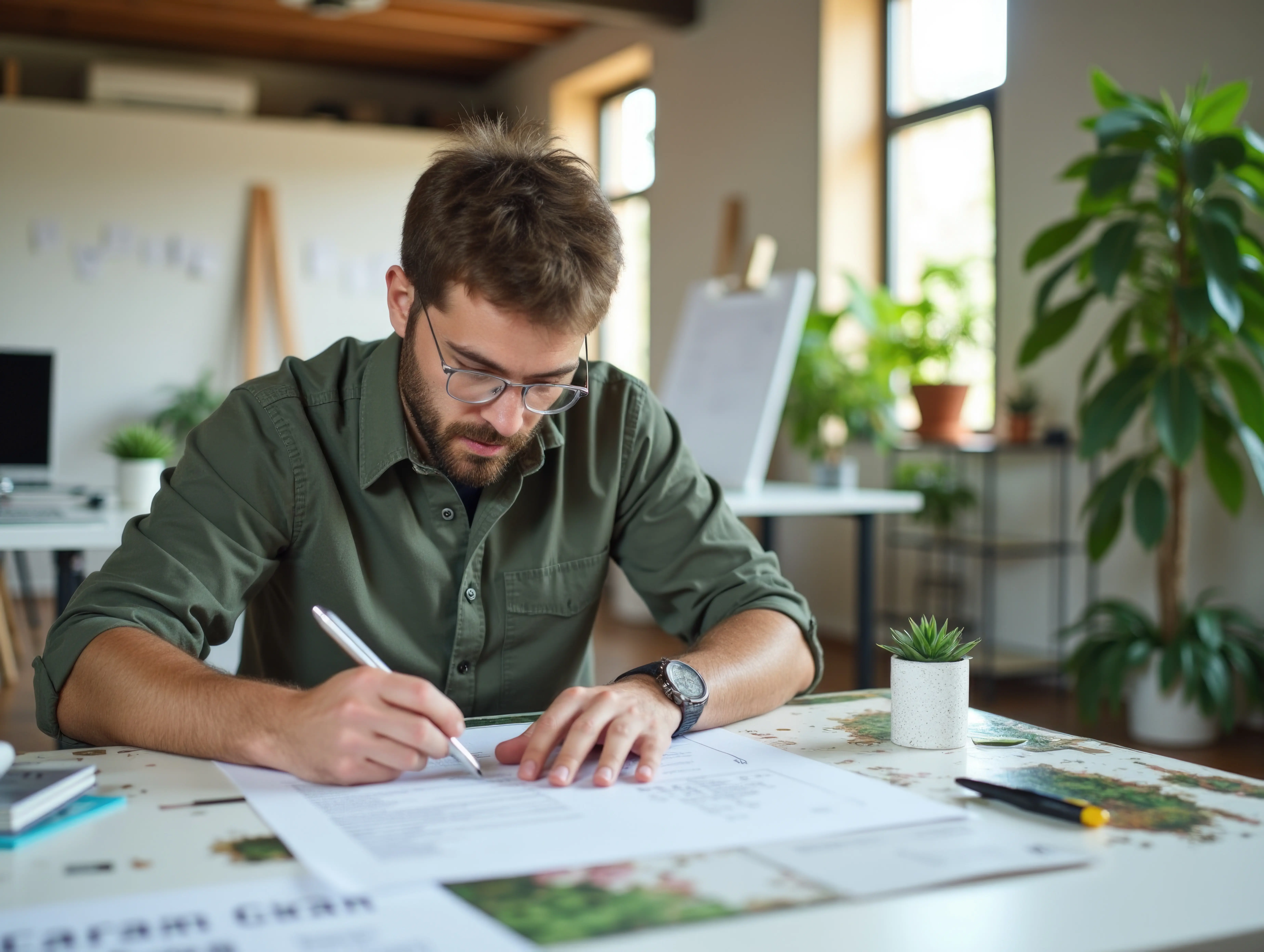 Forward-thinking young male landscape designer crafting outdoor spaces from the office