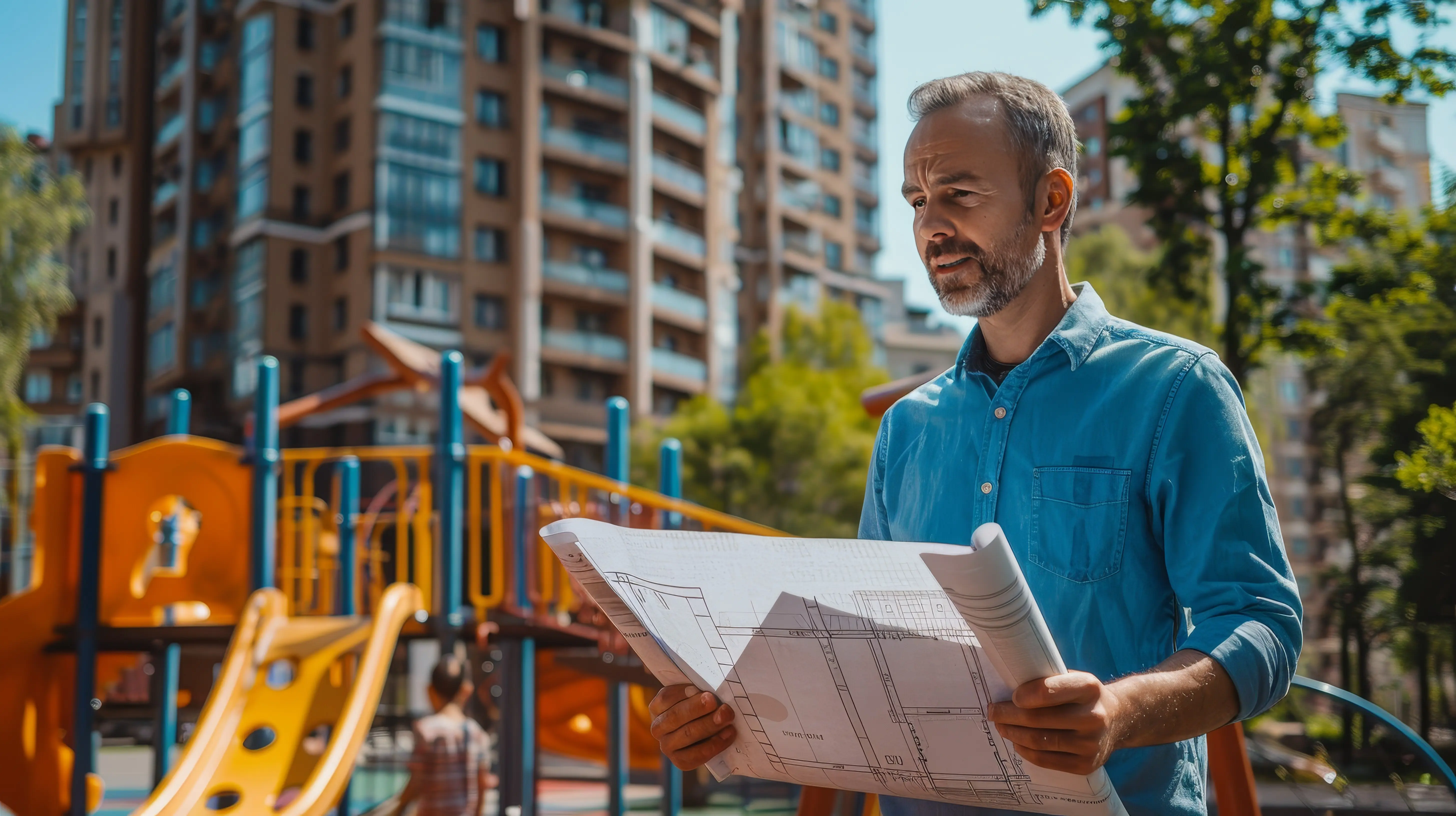 Smiling mature man reviewing a construction plan while standing on a playground