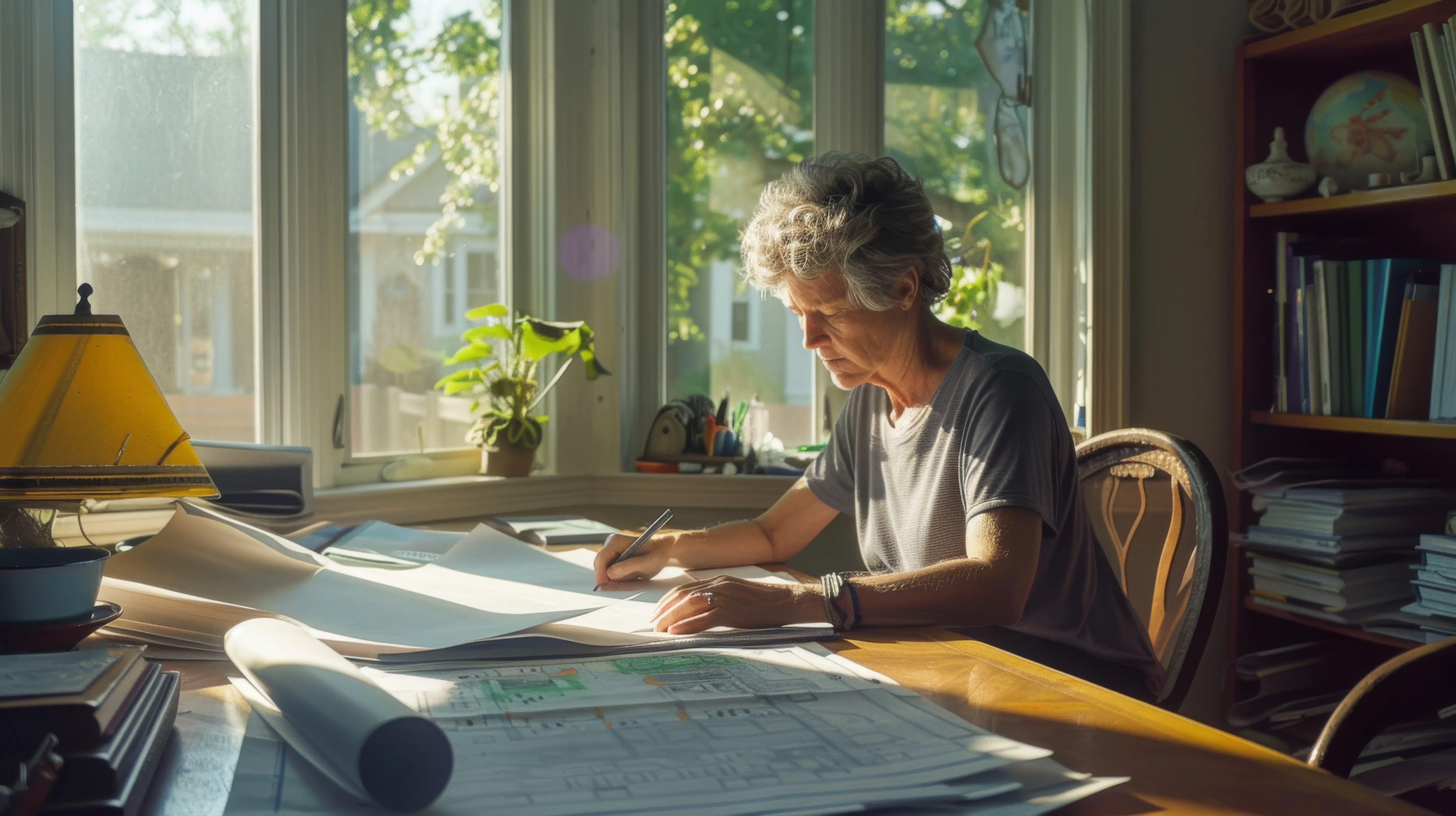 An elderly man focuses on intricate architectural plans near a window where sunlight streams in, surrounded by books and plants, conveying tranquility and expertise.