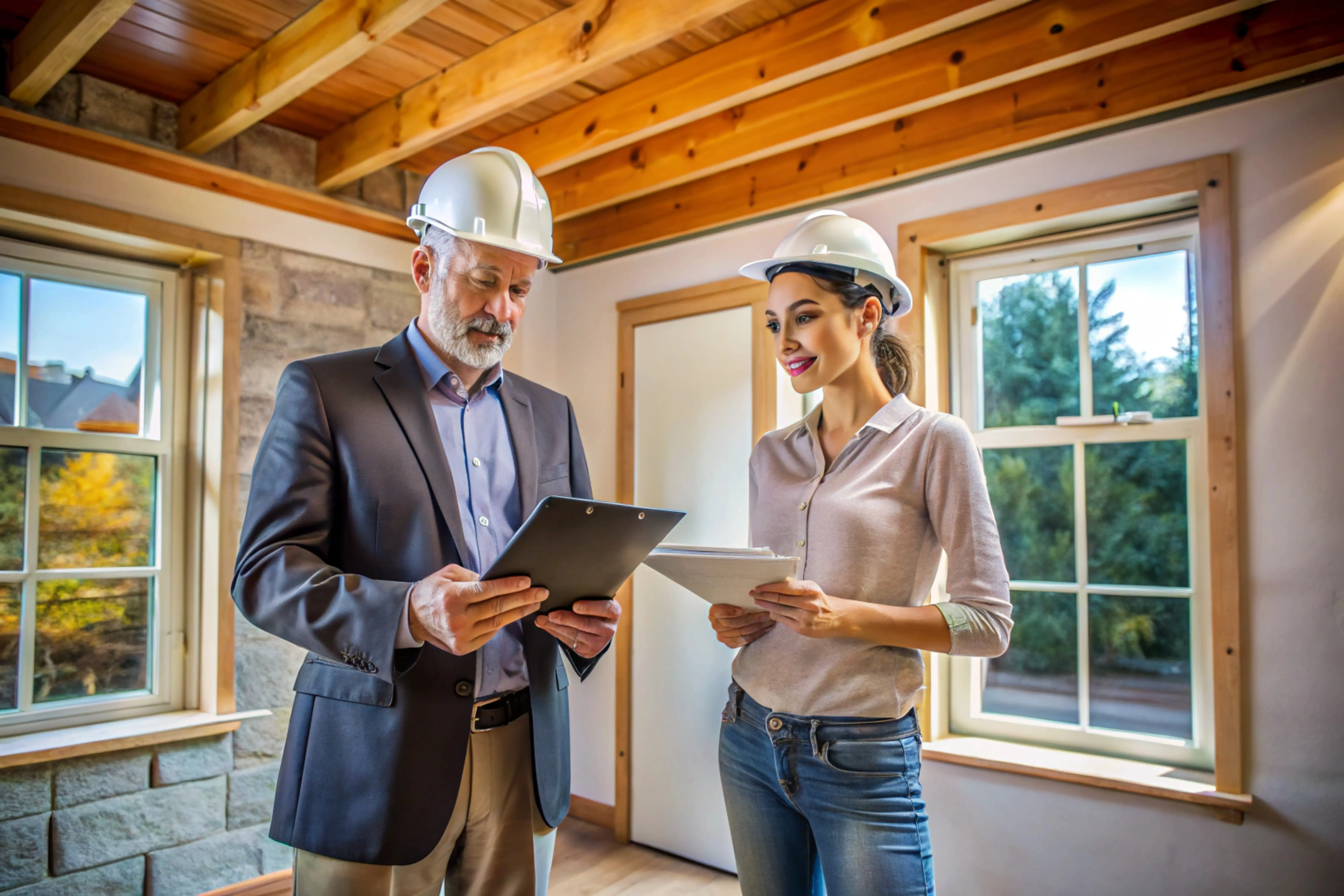 Home inspector and homeowner discussing findings in a well-lit room.